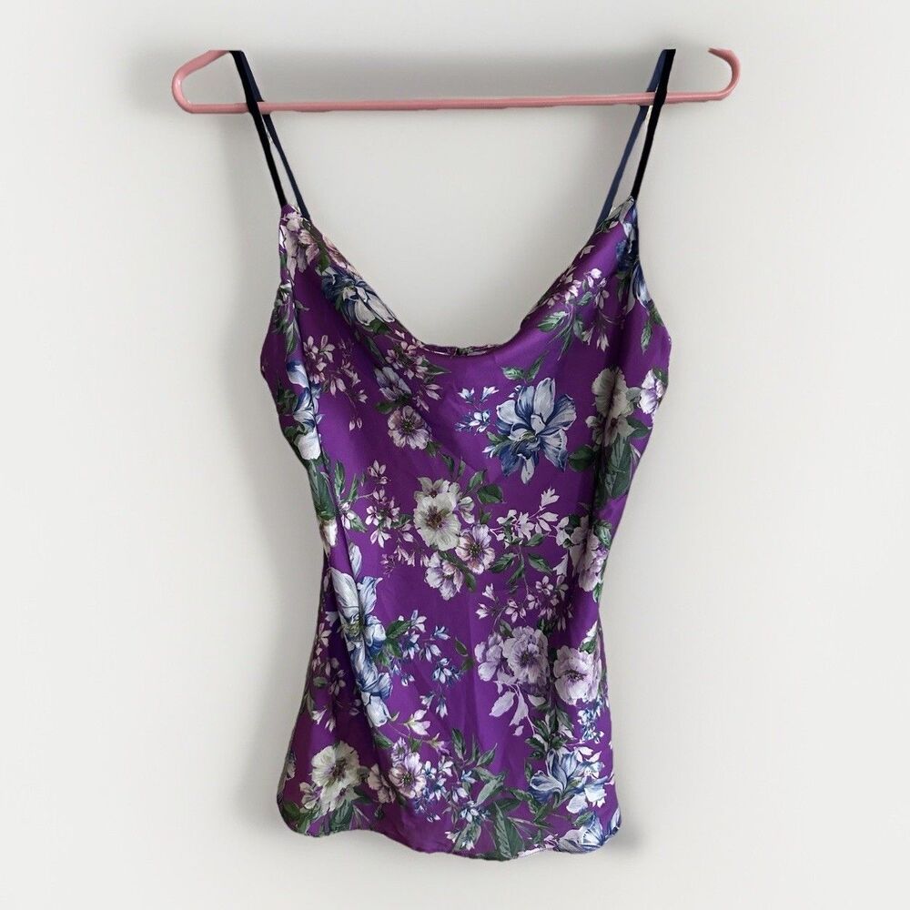 Satin Purple Floral Cowl Neck Silk Fairy‎ Babydoll Top Romantic Y2K Royal XS